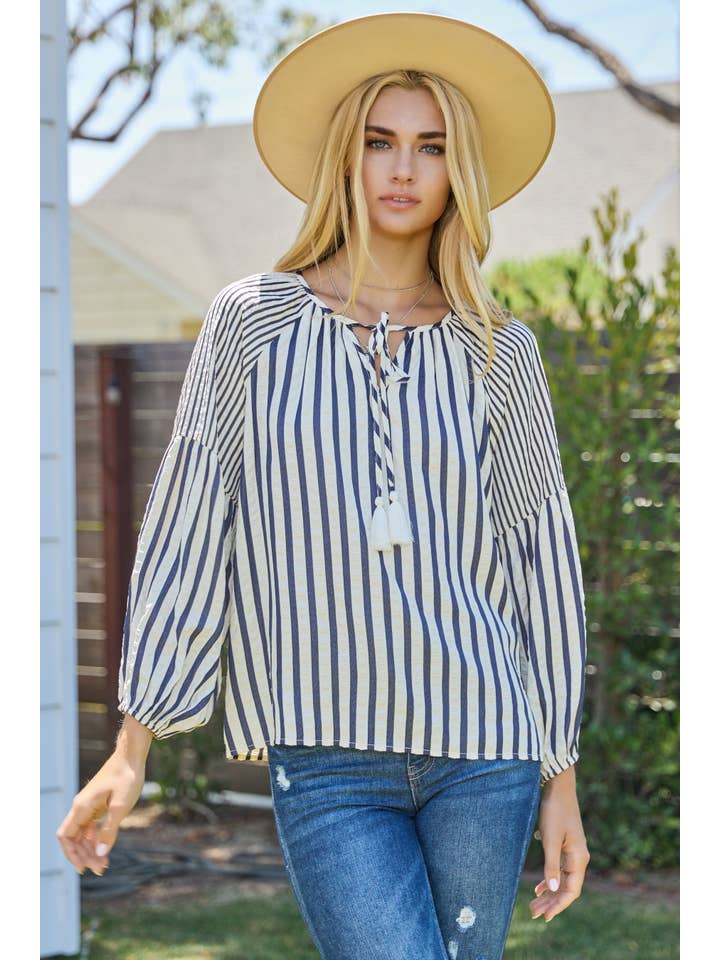 Oddi - Wholesale Blouse - Women's - Plus Textured Multi Stripe Front Neck Tie Blouse