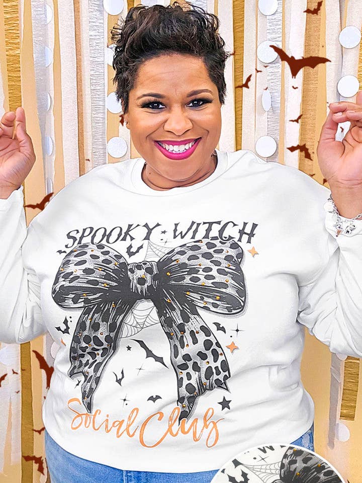 Spooky Witch Social Club Cheetah Bow Rhinestone Graphic Long Sleeve Shirt for wholesale by Sugar Stitch