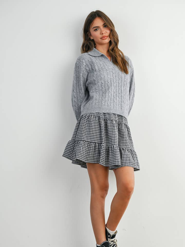 Cable-Knit V-Neck Collared Long Sleeve Top - BMW7981 for wholesale by BUTTERMELON