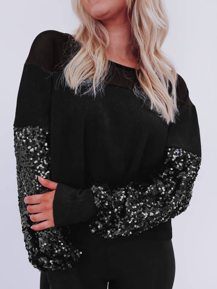 Sequin Patchwork Lantern Sleeve Blouse for wholesale by LiveFashionWay