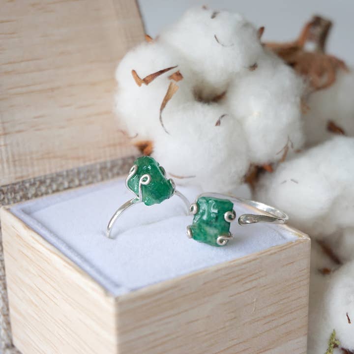 Raw Emerald Ring, May Birthstone, Green Crystal Organic Gift for wholesale by Raw Stone Elegance