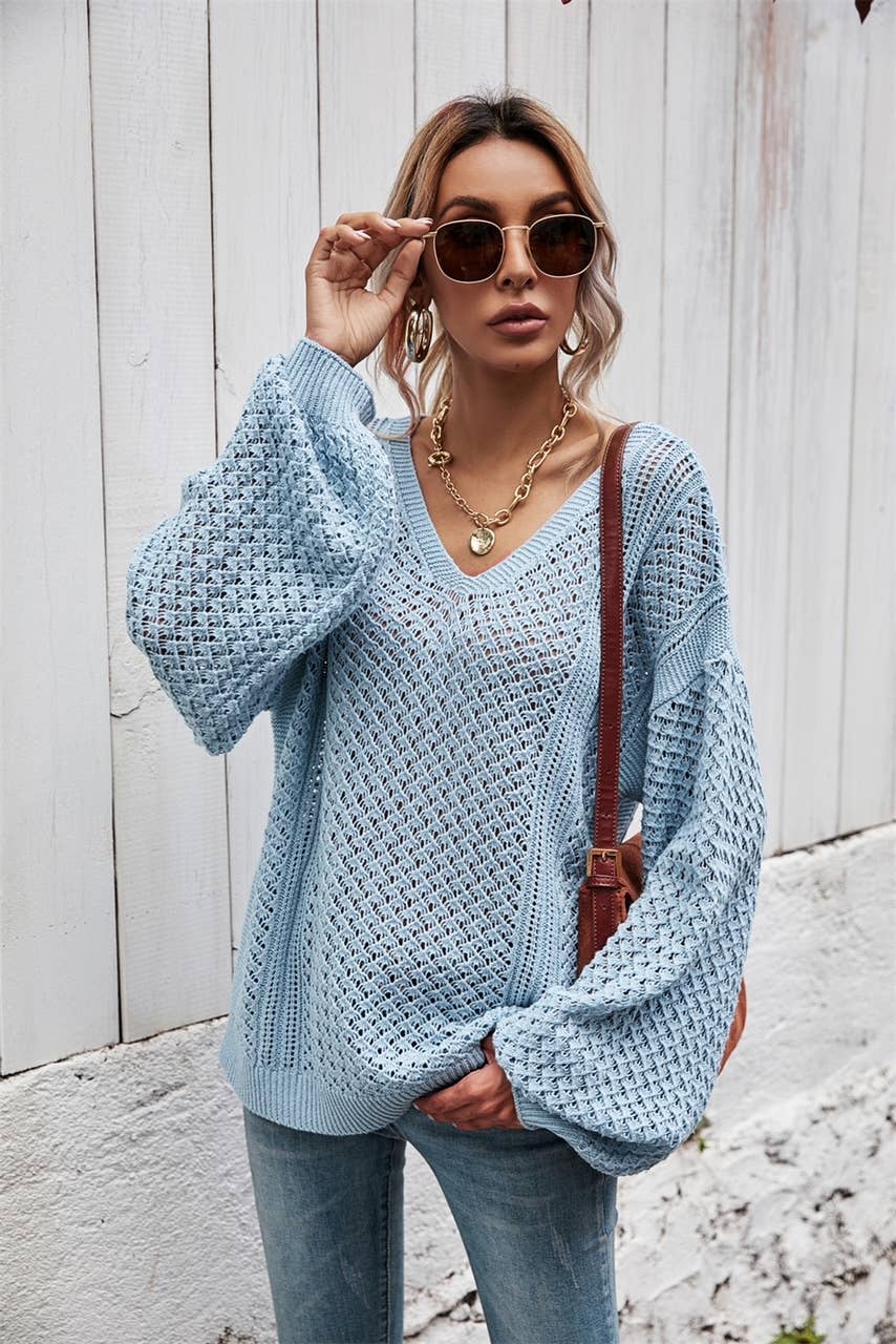 ePretty - Wholesale Knit Sweater - Women's - SZ53-SW6019 Open Knit Slouchy V-Neck Sweater13