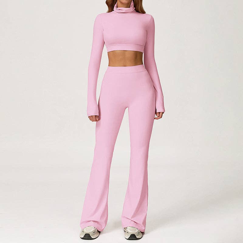 WONDERXFANS - Wholesale Activewear Set - Women's - High-Neck Cropped Long Sleeve + Flared Leg Pants 2-Piece Set21