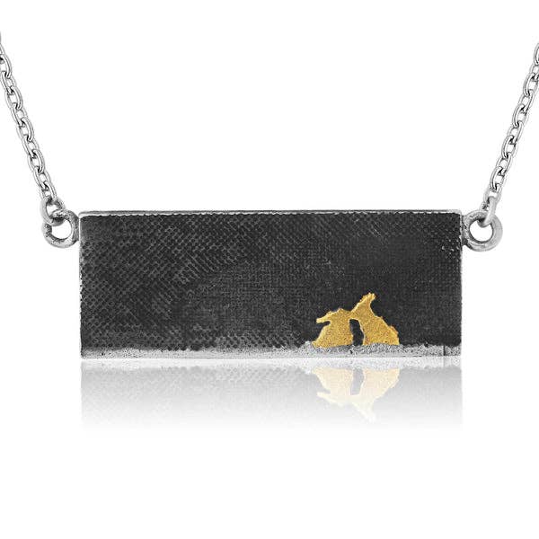 KISSING BUNNY RABBIT NECKLACE, OXIDISED STERLING SILVER for wholesale by Charlotte Lowe