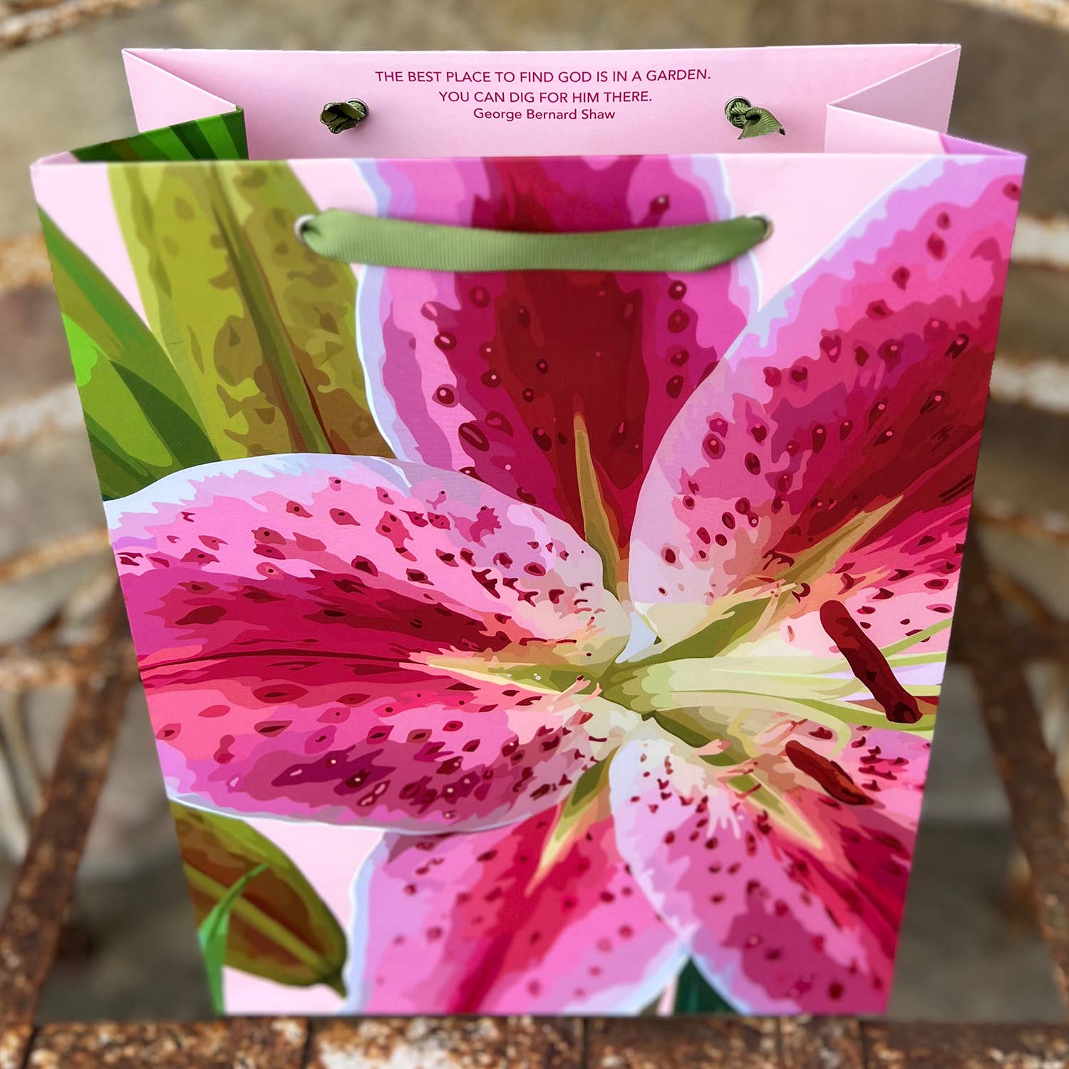 The Red Barn Press - Wholesale Gift Bag - LARGE Floral Gift Bag | Pink Tiger Lilies with Hummingbird2