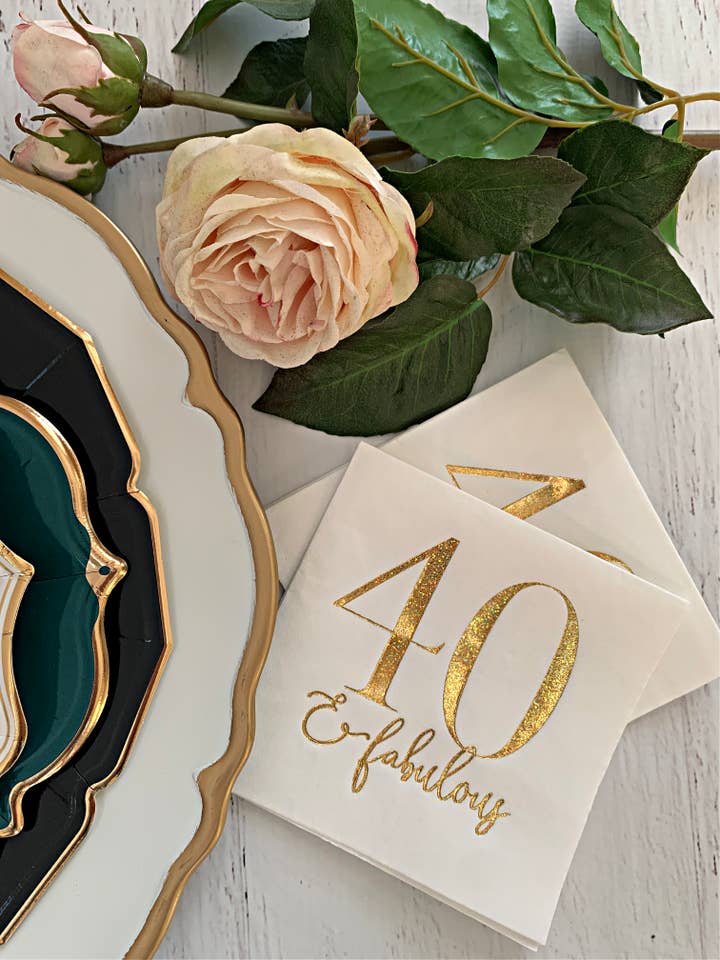 40 and Fabulous Cocktail Napkins - Gold Glitter on White for wholesale by EnFete, LLC