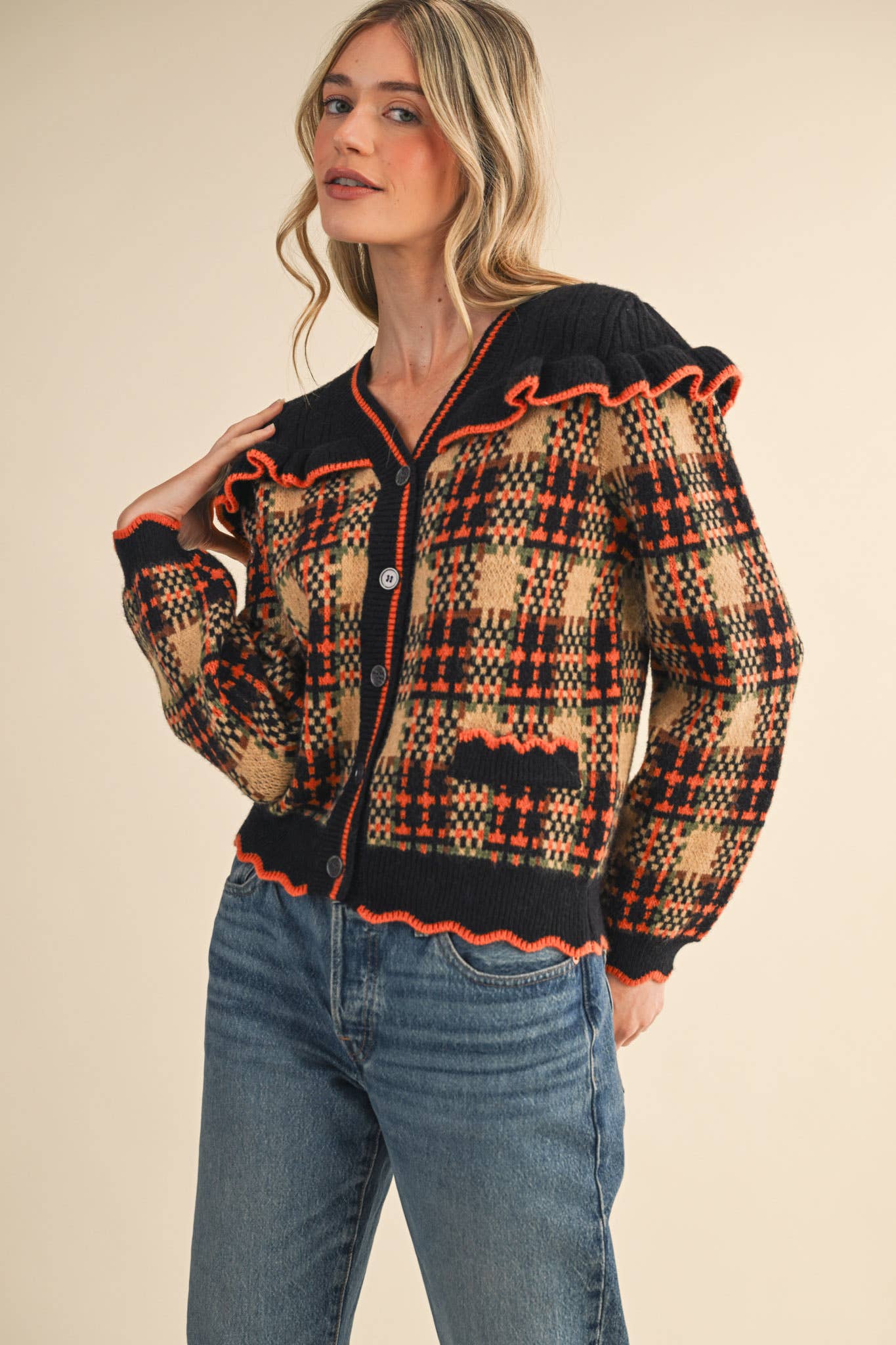 &MERCI - Wholesale Cardigan - Women's - RUFFLED YOKE PLAID SWEATER CARDIGAN MSW111853