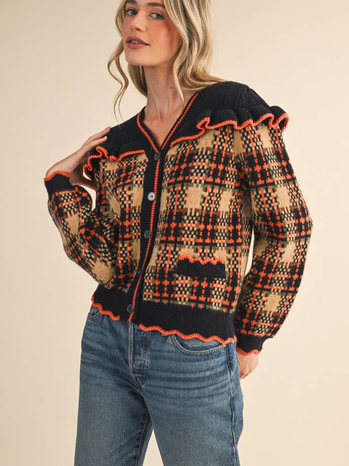 &MERCI - Wholesale Cardigan - Women's - RUFFLED YOKE PLAID SWEATER CARDIGAN MSW111853