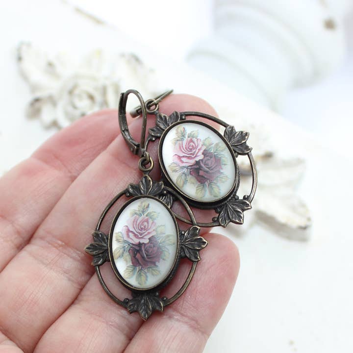 Circa 1890 - Wholesale Dangle Earrings - Large Frosted Floral Cameo Earrings in Vintage Style