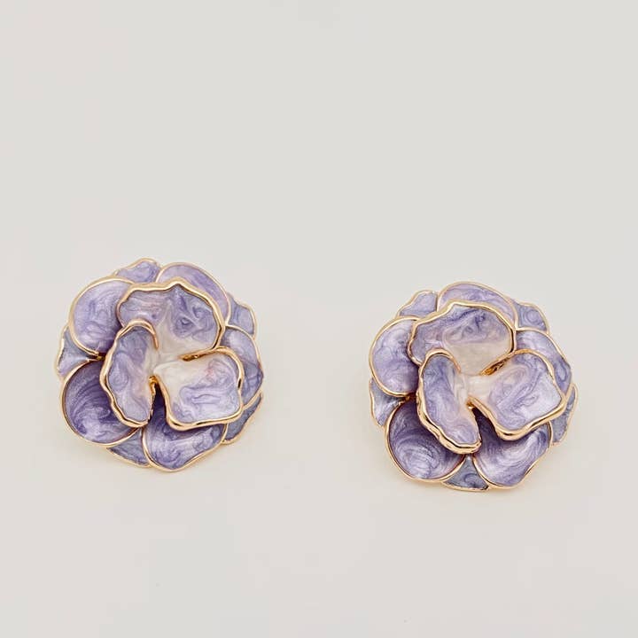 Mio Queena - Wholesale Stud/Post Earrings - Vintage Double Layer Enamel Purple Flower Ear Studs