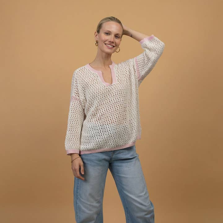 Openwork sweater with contrasting V-neck – CA8312 for wholesale by Cecile Wang