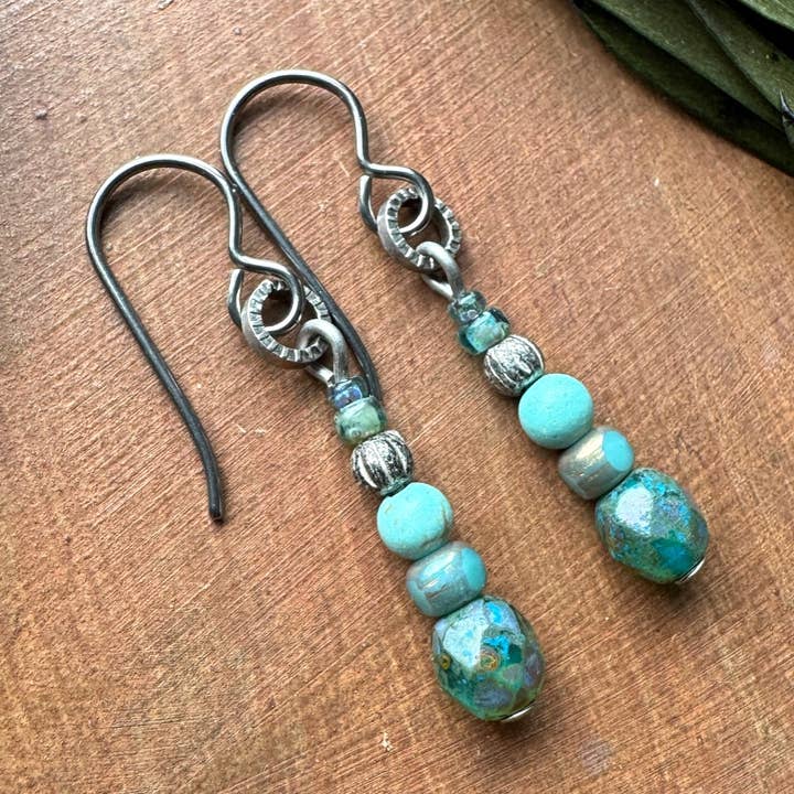 Rustic Silver Earrings Glass & Turquoise Howlite Bead Dangle for wholesale by Vintage Earth