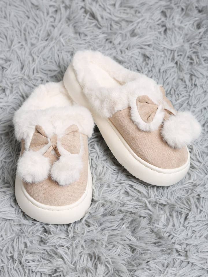 MiMi Wholesale - Wholesale Slippers - Women's - JCL6116 Superlux Faux Suede Fuzzy Bow and Pom Pom Slippers3