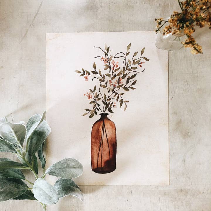 Amber Vase with Fall Berries | Art Print for wholesale by Coley Kuyper Art