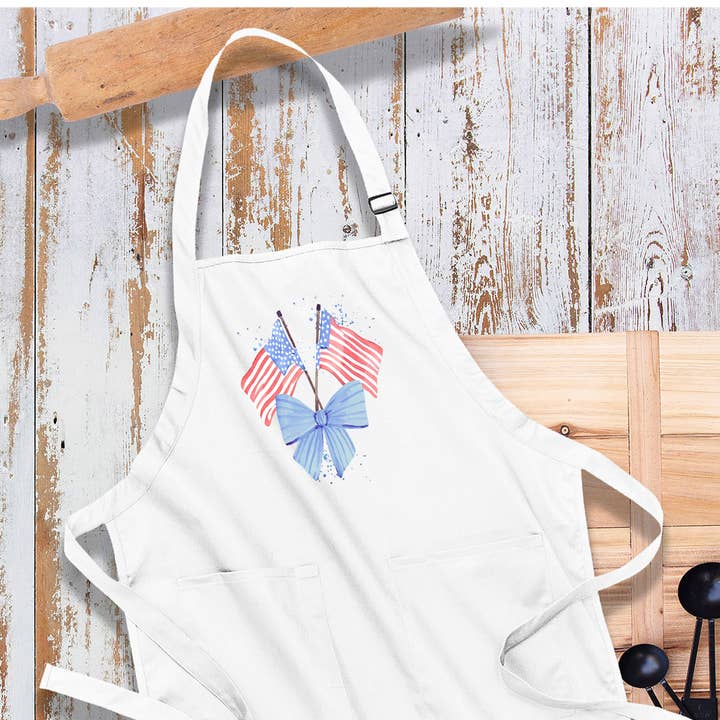 Patriotic Watercolor Flag Bow Apron for wholesale by Avery Lane Gifts