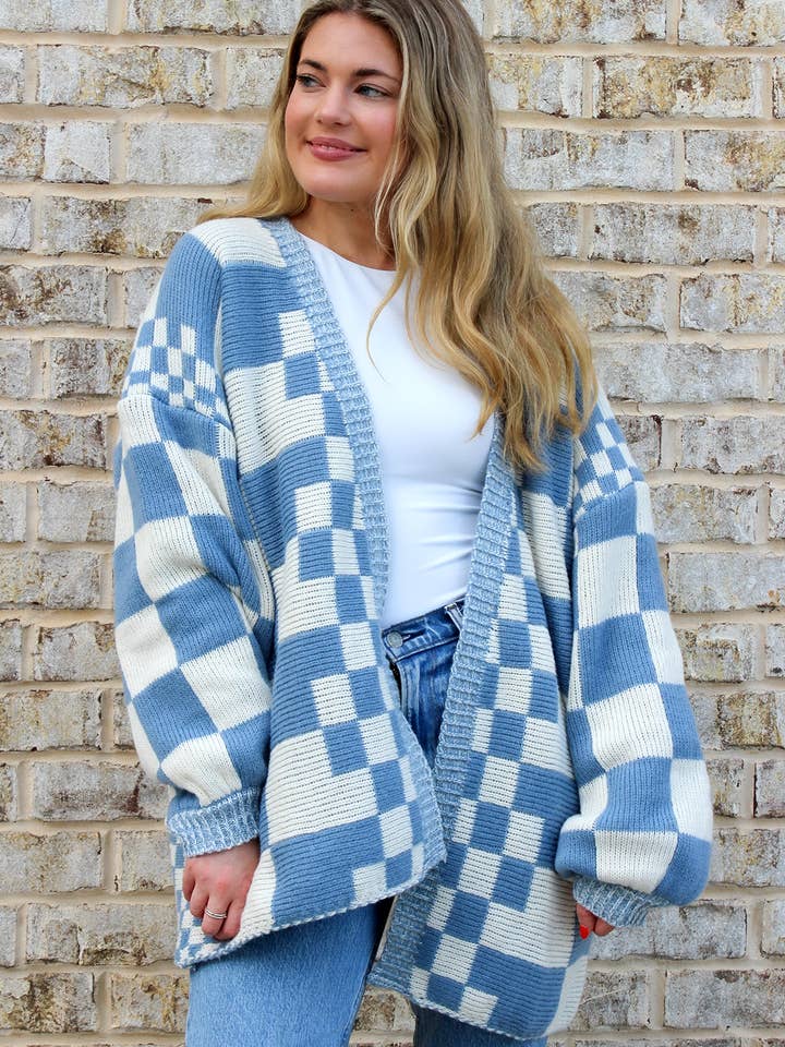 JNC RT (Jen & Co. Outlet) - Wholesale Cardigan - Women's - SW2389 Flora Oversized Checkered Cardigan/Sweater