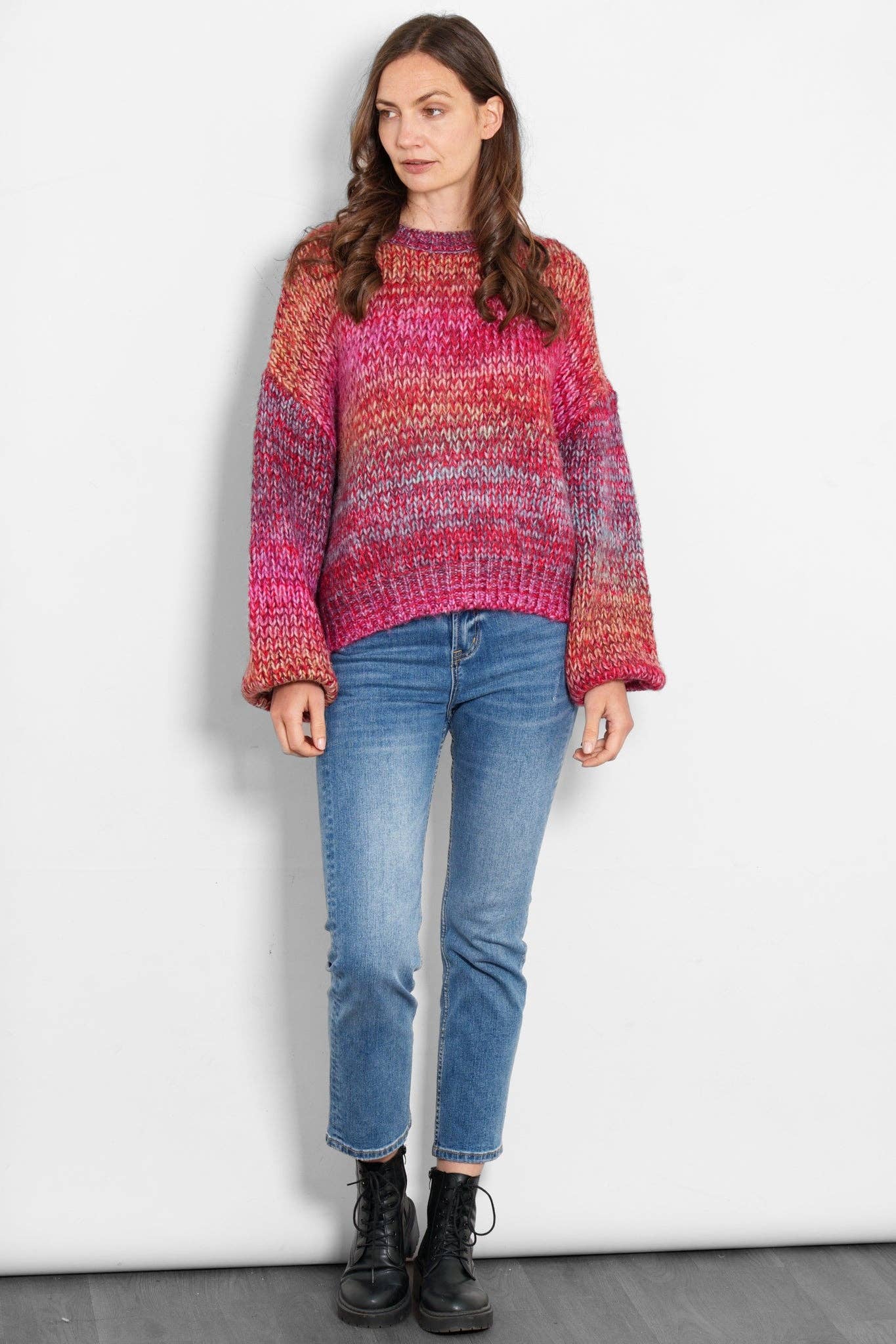 Sarta - Wholesale Knit Sweater - Women's - Opal Wool Blend Jumper- Pink, Ombre Stripe2