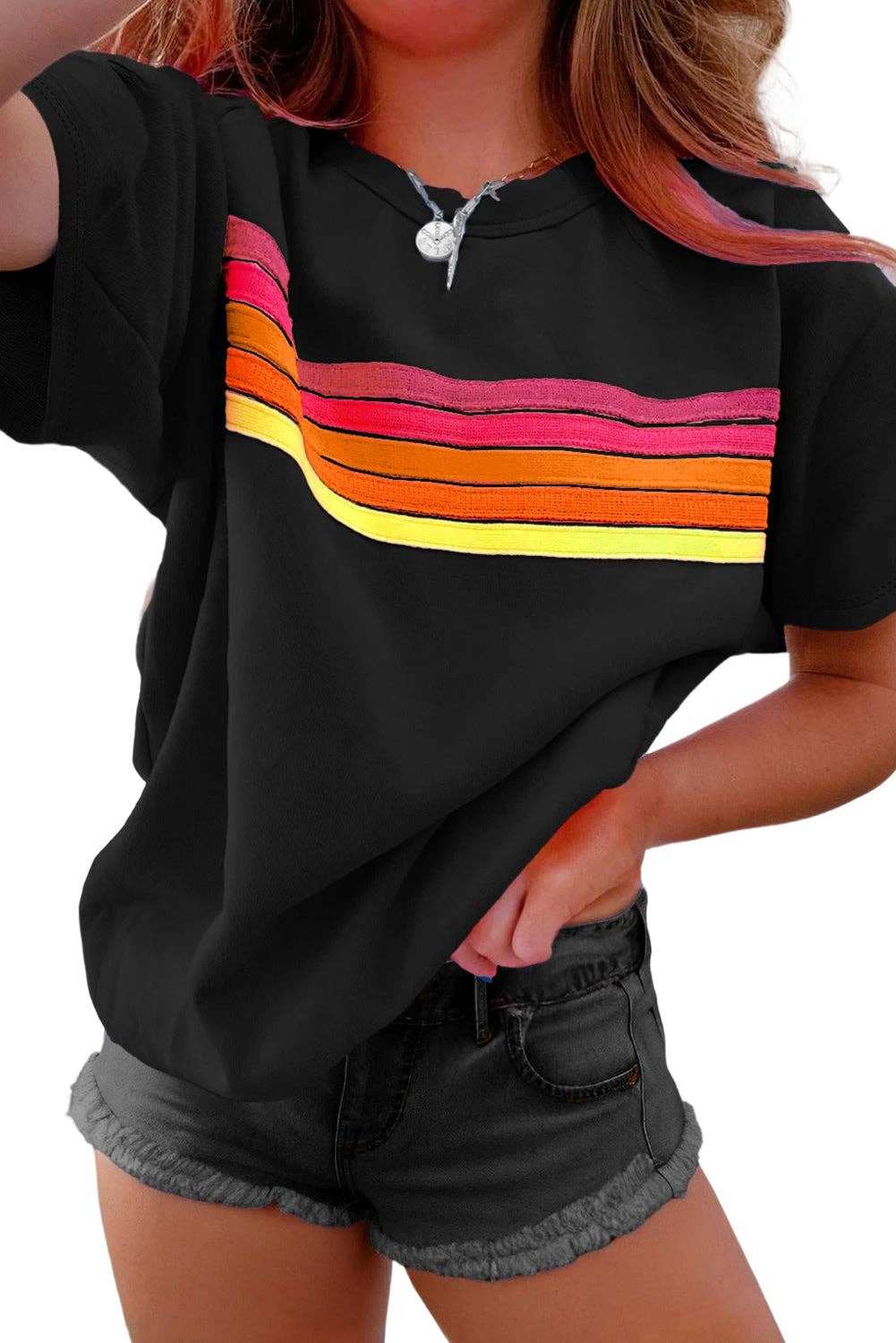 Lovesoft - Vendita all'ingrosso Maglietta - Donna - Maglietta casual a tinta unita con toppa a righe sul davanti7
