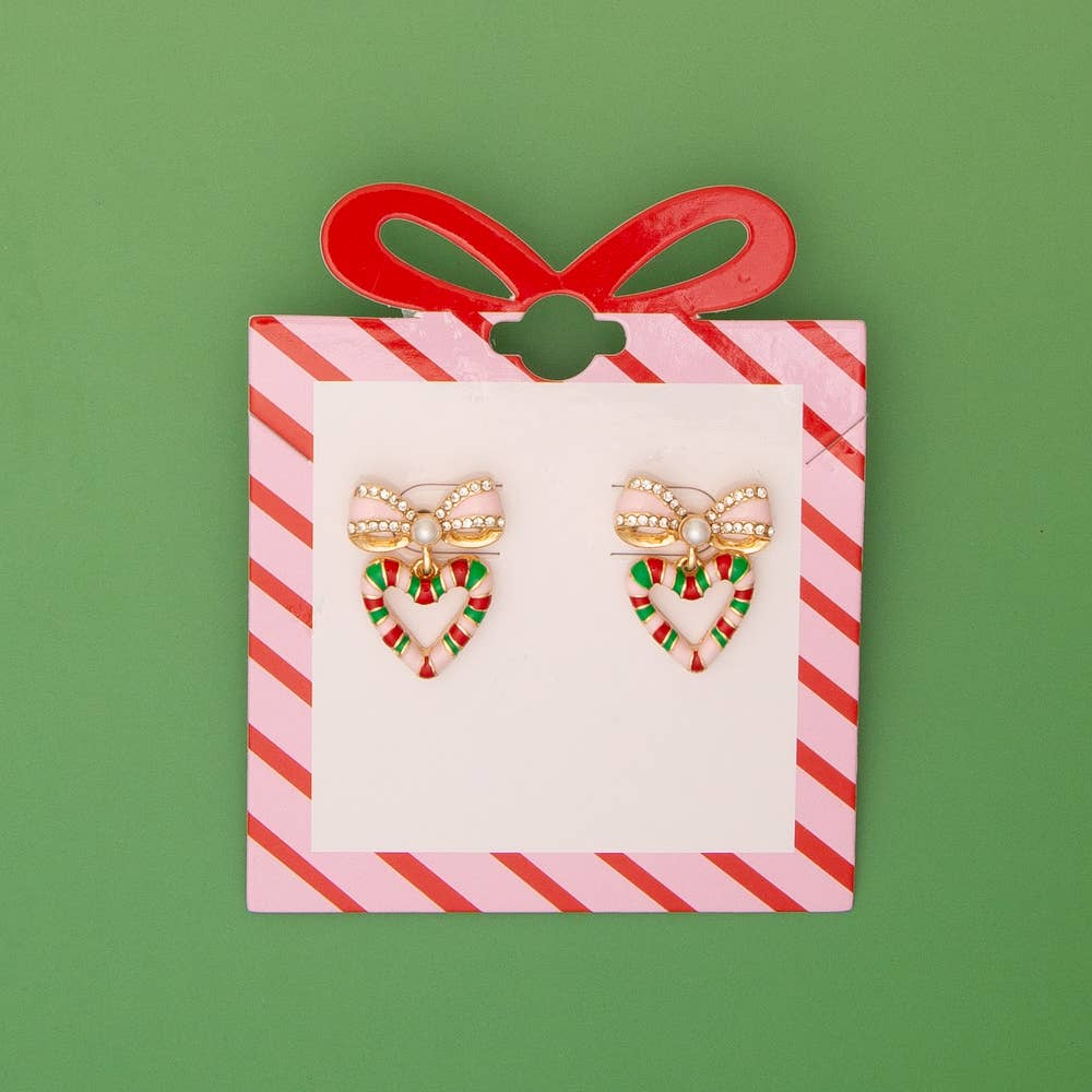 SP Sophia Collection - Wholesale Stud/Post Earrings - Christmas Striped Candy Enamel Bowed Heart Post Earrings0