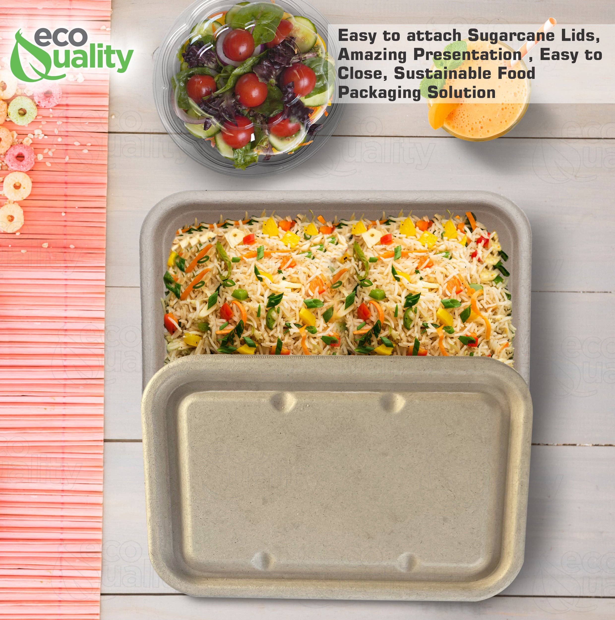EcoQuality - Wholesale Food storage container - 34oz Sugarcane Fiber Bowl with Sugarcane Lid Compostable Disposable Oblong Food Prep Storage2