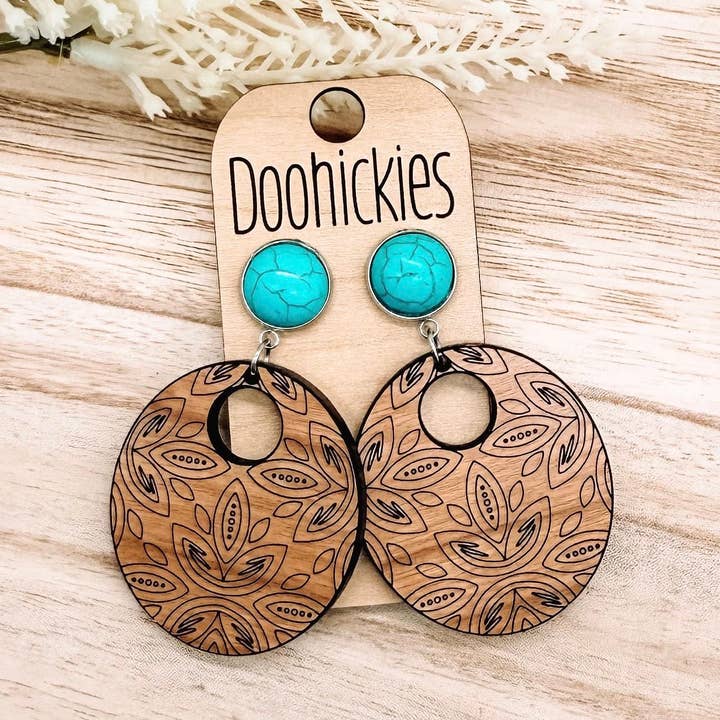 Turquoise and Cherry Wood Etched Ava Dangle Western Earrings for wholesale by Doohickies