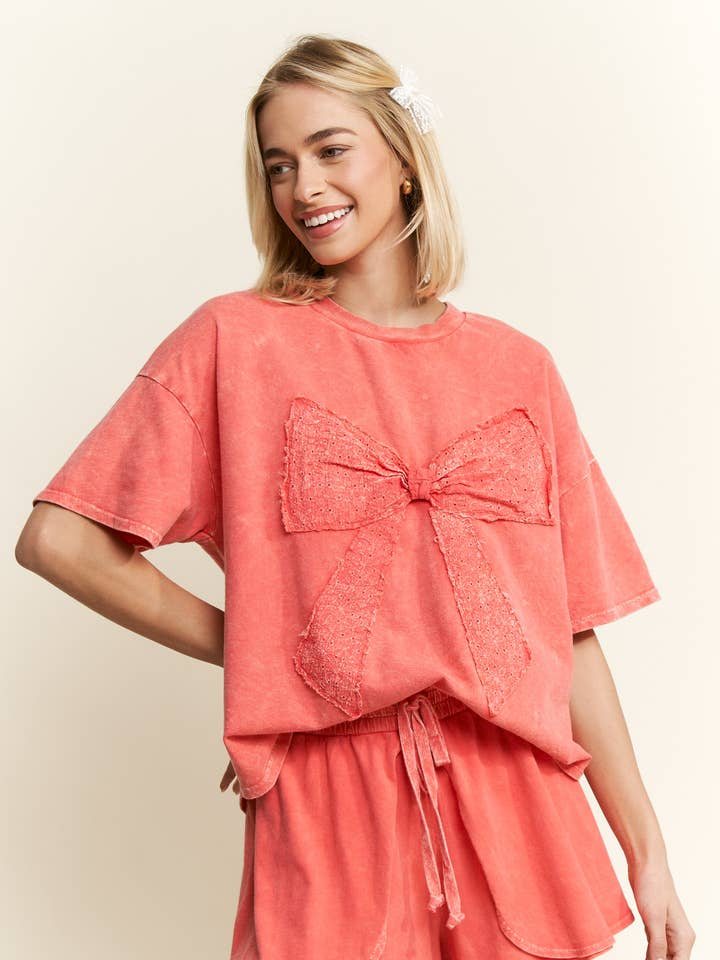 J.Her - Wholesale T-Shirt - Women's - MineralWash Ribbon bow half sleeve shirt HT6308