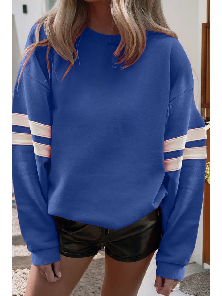 Little Daisy Closet - Wholesale Sweatshirt - Women's - LDC Varsity Striped Detail Drop Shoulder Sweatshirt2