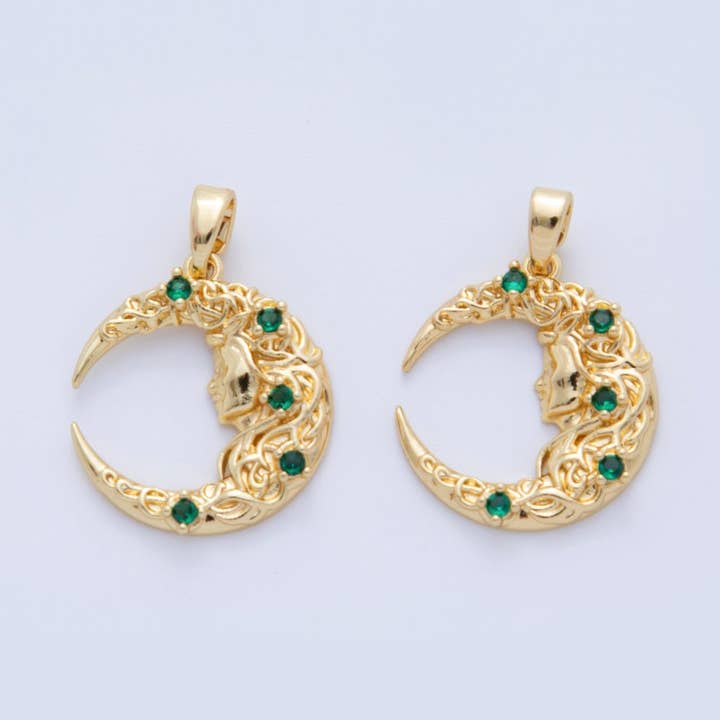 18K Guld Fyldt Grøn CZ Kvinder Celestial Halvmåne Hamret Vedhæng | AH744 for engroshandel hos Aim Eternal