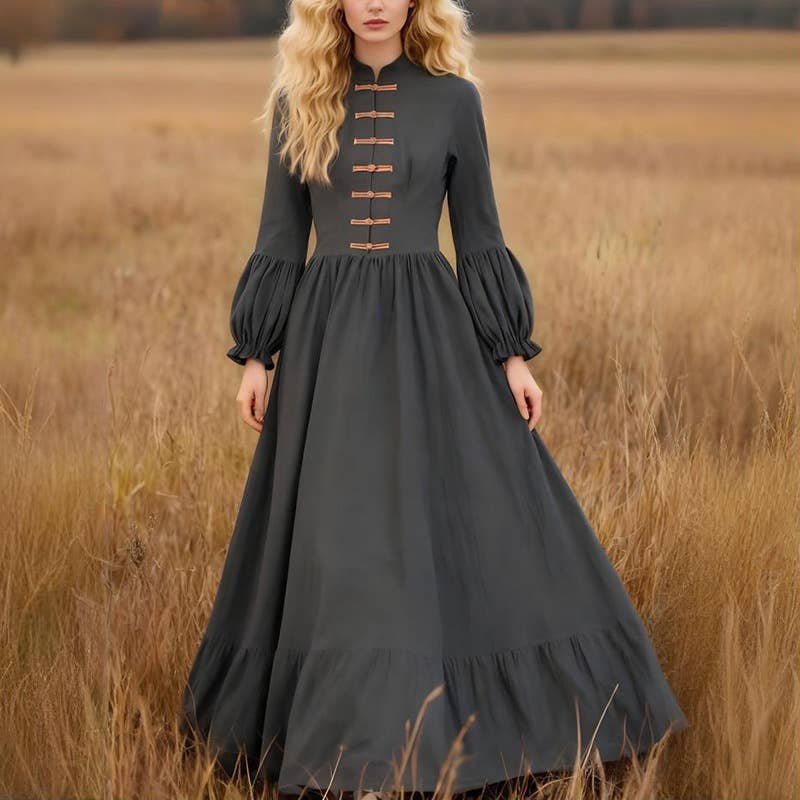 GREY Retro long-sleeved cotton and linen dress for wholesale on Faire1