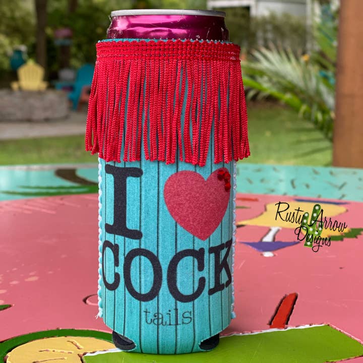 Slim I love Cocktails Fringe Koozie for wholesale by RAD Wholesale