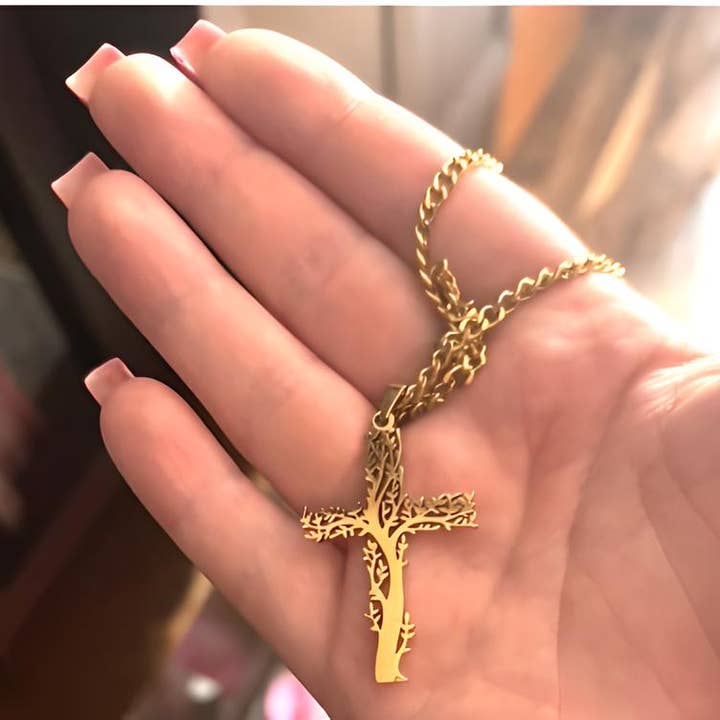 Wild & Free - Wholesale Pendant/Charm Necklace - Collar de Cruz de Acero Inoxidable Árbol de la Vida4