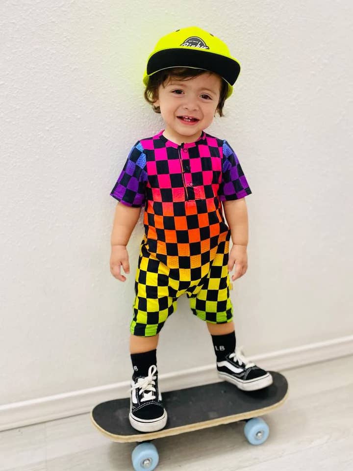 Neon Checker Short Romper for wholesale by Pipsqueaks Clothing Co