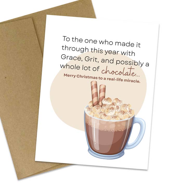 Grace, Grit, & Chocolate – Holiday Encouragement Card for wholesale by Butterflies + Halos