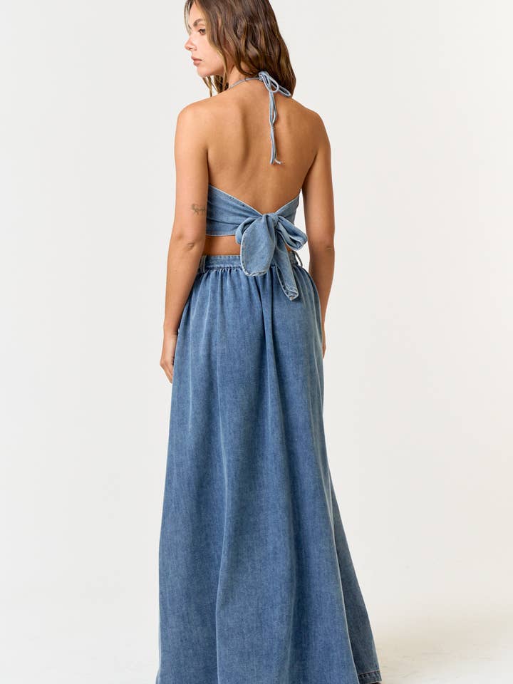MEDIUM WASH IBS30944 DENIM HALTER BACK TIE CROP TOP AND MAXI SKIRT SET for wholesale on Faire