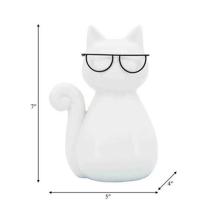 Sagebrook Home - Wholesale Decorative Figurine - Figurine - White Porcelain Cat with Glasses, 7 in.2