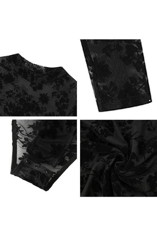 BLACK leopard mesh long sleeves bodysuit for wholesale on Faire9