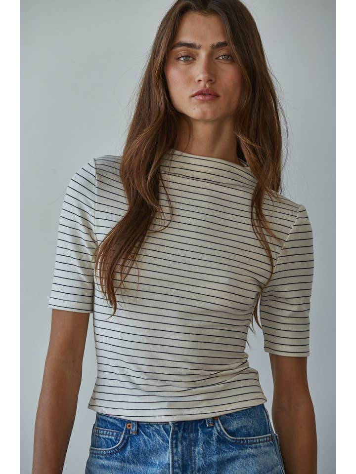 Cream Black RJ3490 | Knit Mock Neck Short Sleeve Top for wholesale on Faire