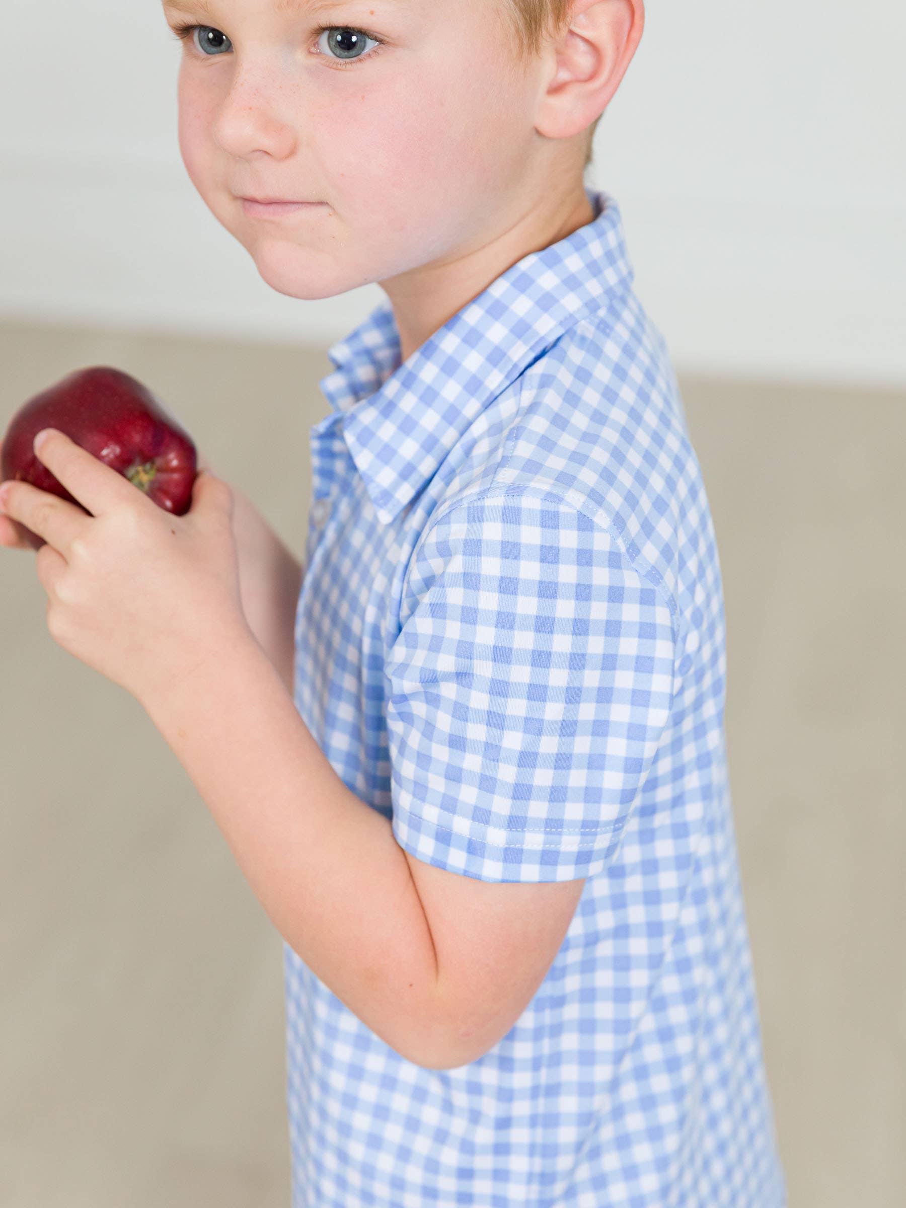 Boys Classic Periwinkle Blue Gingham Knit Short Sleeve Performance Polo for wholesale on Faire5