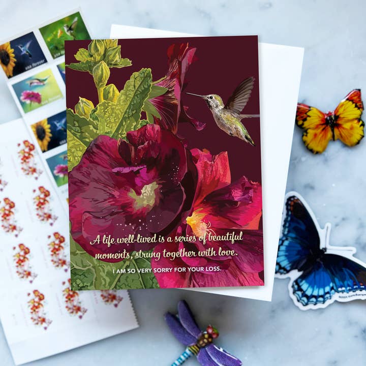 The Red Barn Press - Wholesale Sympathy Card - Sympathy Card Floral | Hollyhocks and Hummingbird1
