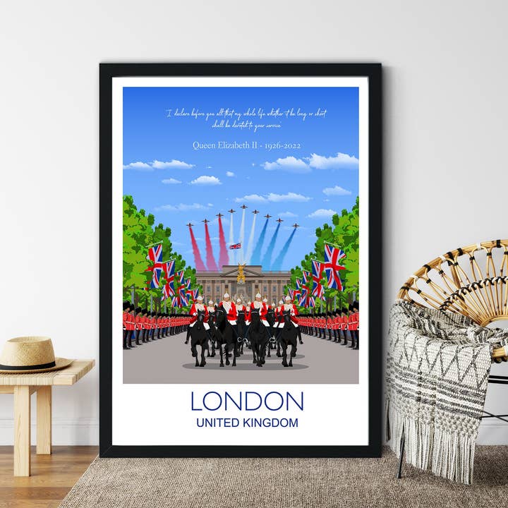 Cartaz de Viagem em Memória da Rainha Isabel II de Londres, Palácio de Buckingham, Cidade de Londres, Reino Unido, Edição Limitada de Impressão por atacado de NQ Media Designs