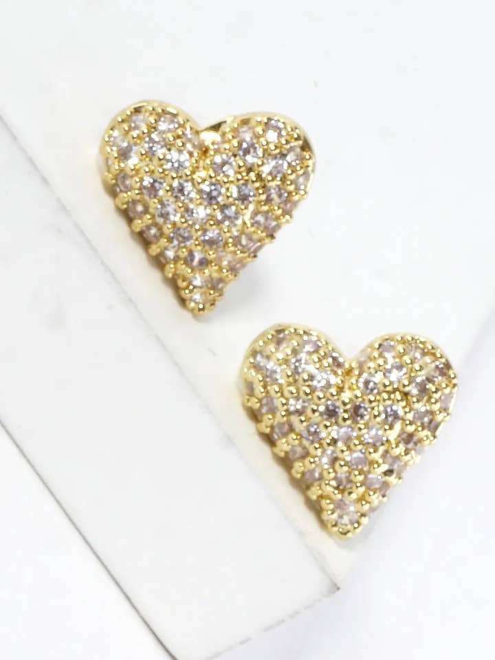 Tiny Brass Puff Heart CZ Pave Stud Earrings for wholesale by Wild Honey