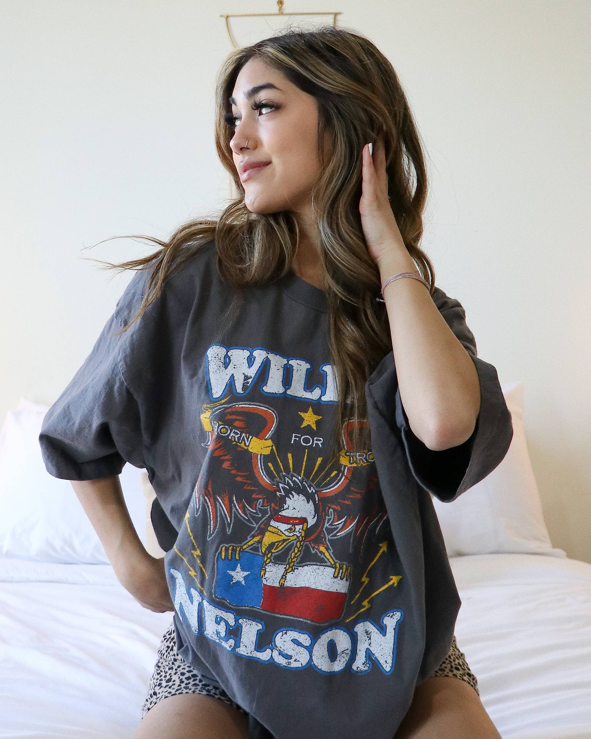 LivyLu - Wholesale T-Shirt (Graphic) - Women's - O/S Willie Nelson Born For Trouble Off Black Oversized Tee1