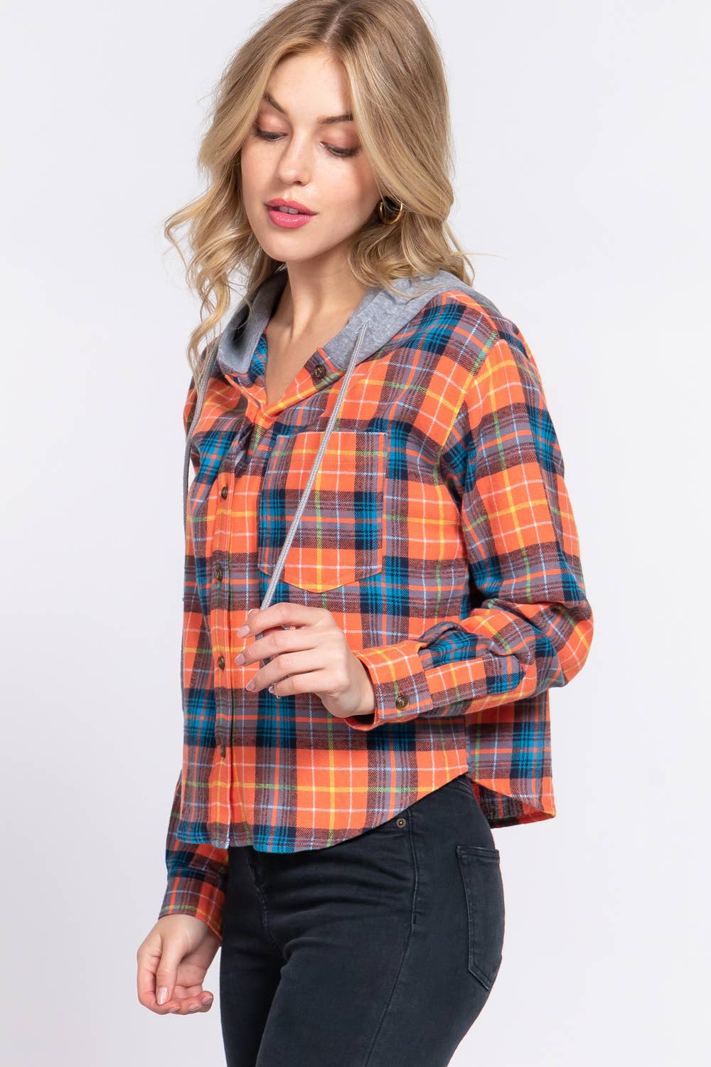42POPS - Wholesale Shirt - Women's - .1008 Slim Fit Long Slv Hoodie Plaid Shirt SI-247723
