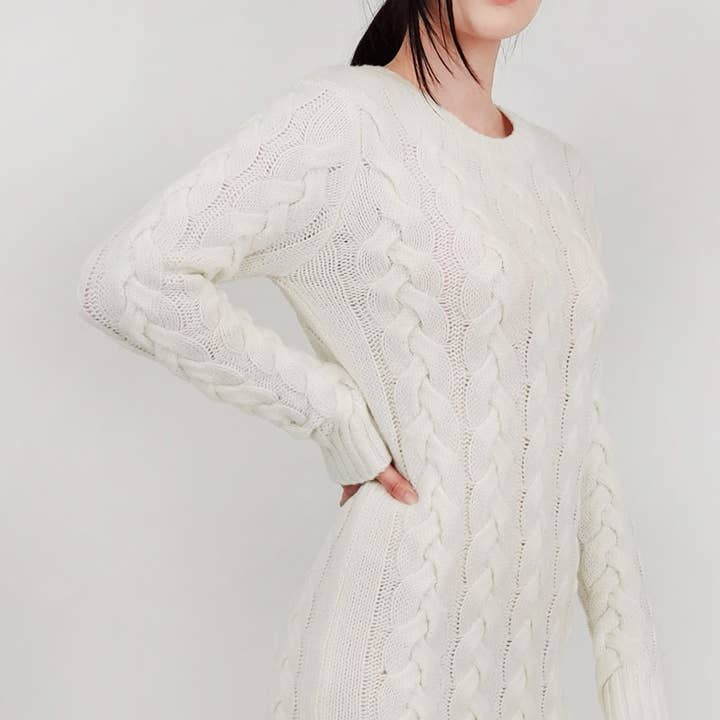 Mak - Wholesale Dress - Women's - Loose Fit Knee Length Heavy Cable Knitted Dress MK6026