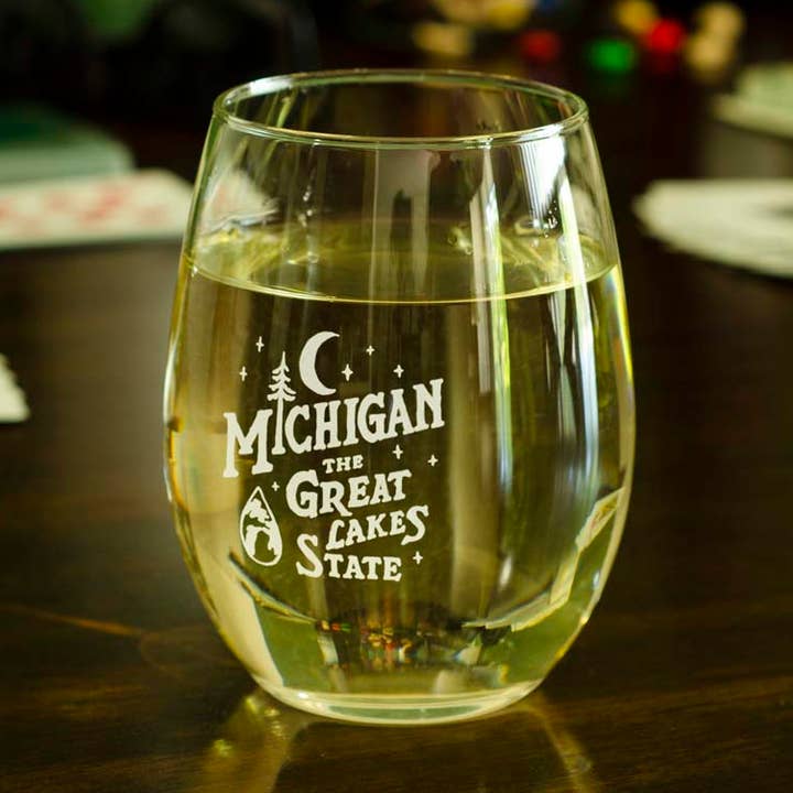 Wine Glass - Michigan Vintage Font for wholesale by Detroit Shirt Co.
