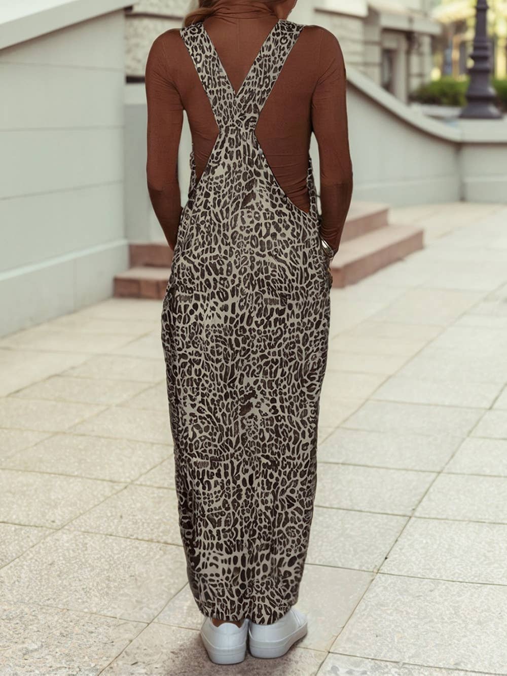 Brown  Leopard Print Straight Leg Loose Denim Overall Jumpsuit for wholesale on Faire1