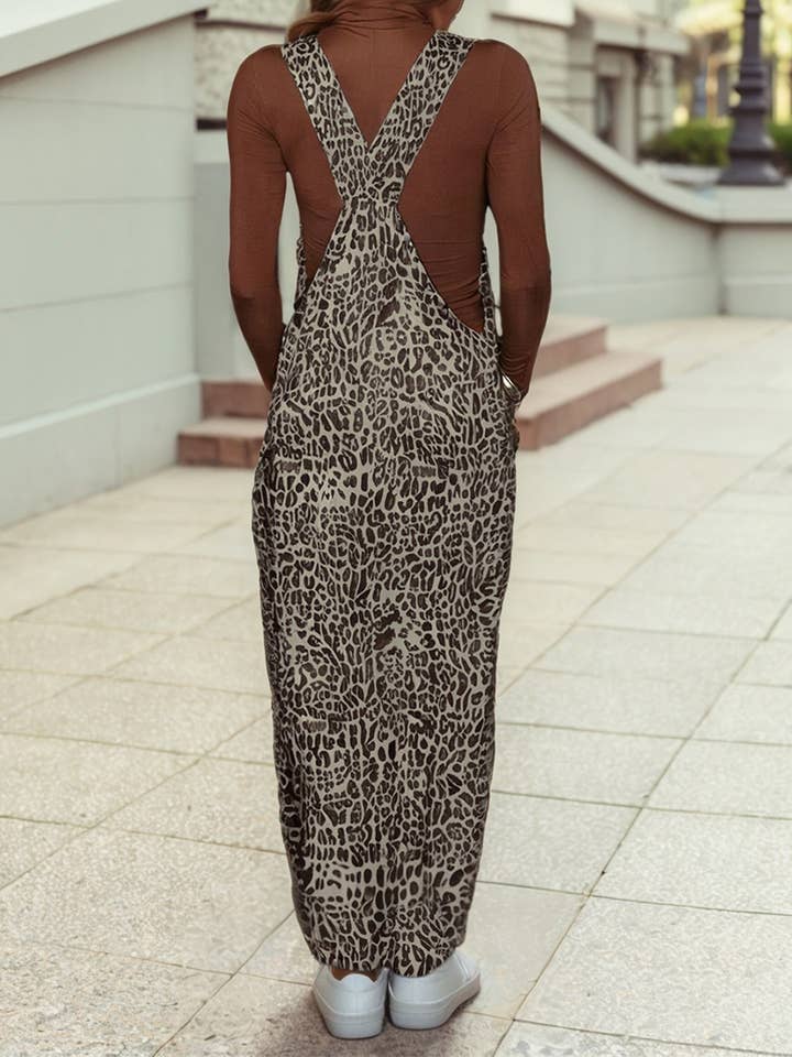 Brown Leopard Print Straight Leg Loose Denim Overall Jumpsuit for wholesale on Faire1