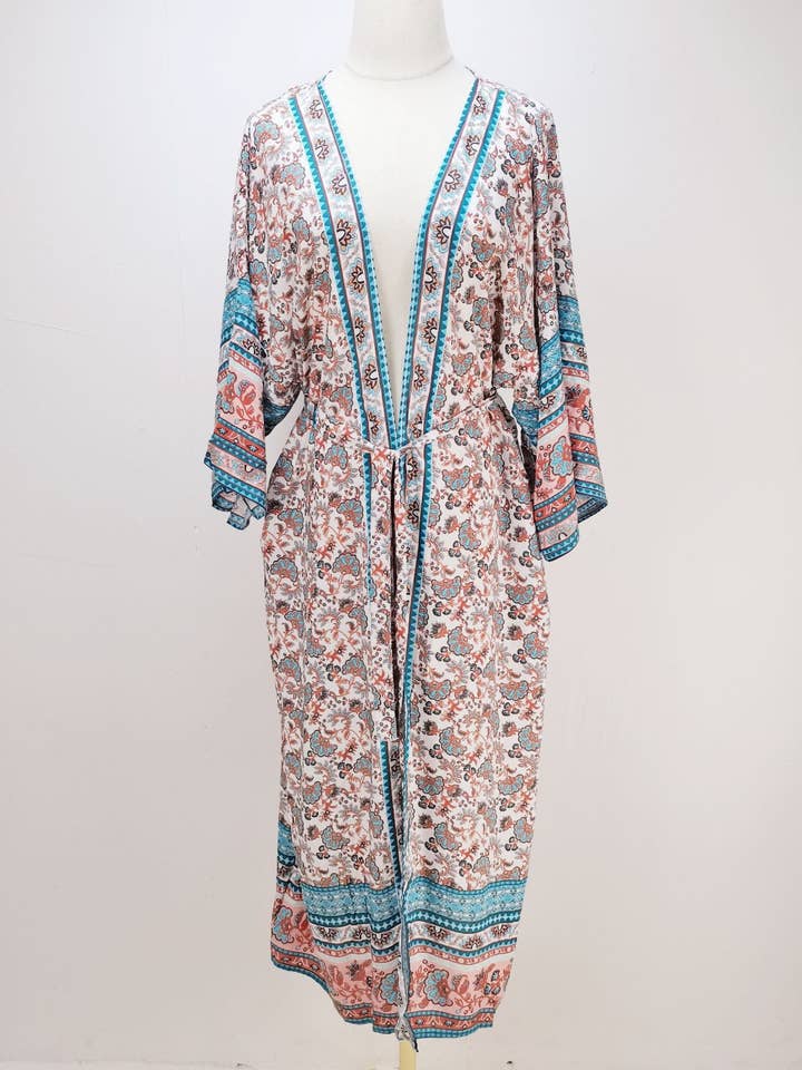Printed Boho Print Half Sleeve Long Floral Kimono for wholesale on Faire