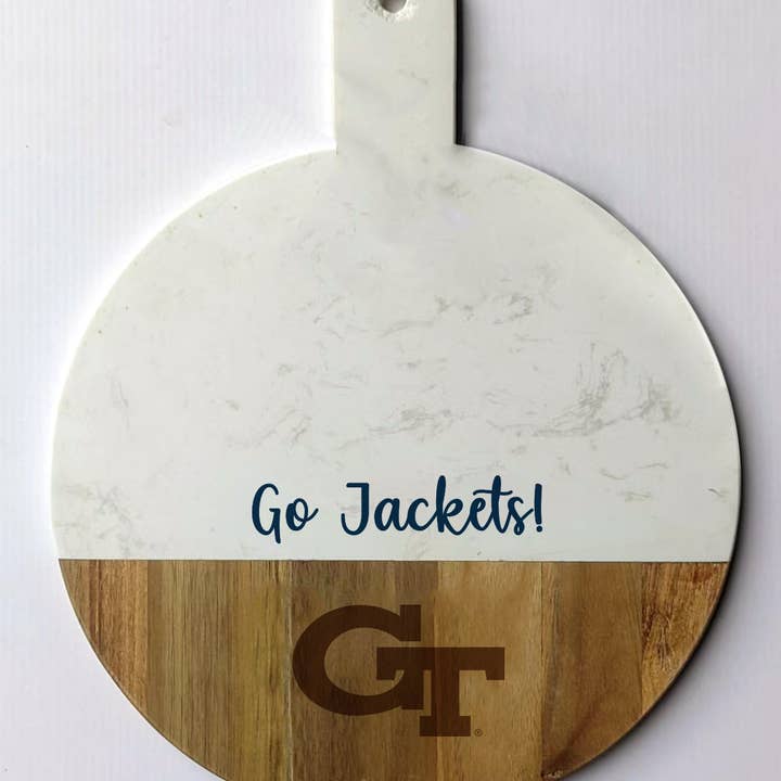 Georgia Tech Spirit Marble and Wood Charcuterie Board for wholesale by Valiant Gifts Inc