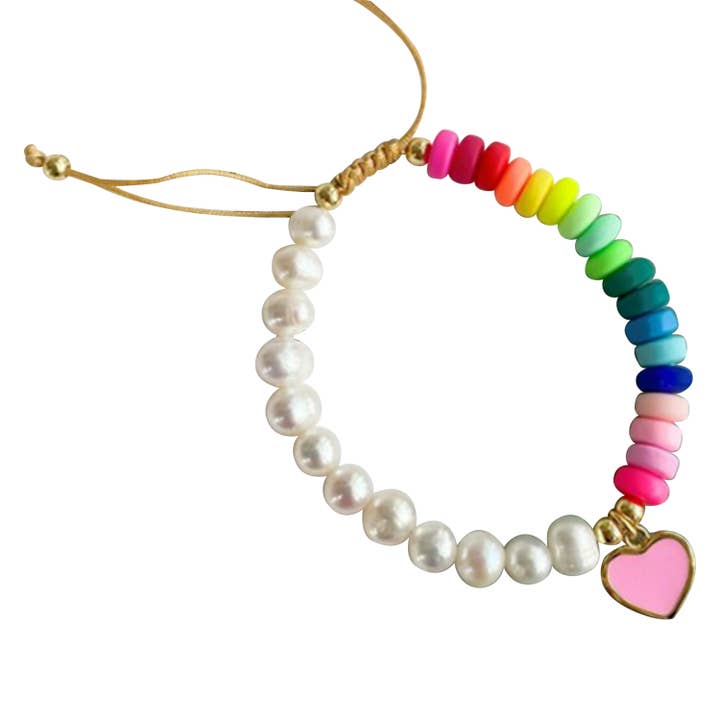 Pearl & Rainbow Beaded Bracelet w/ Heart Charm for wholesale by Malibu Sugar